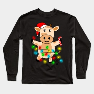 Cow Reindeer Hat Santa Christmas Lights Long Sleeve T-Shirt